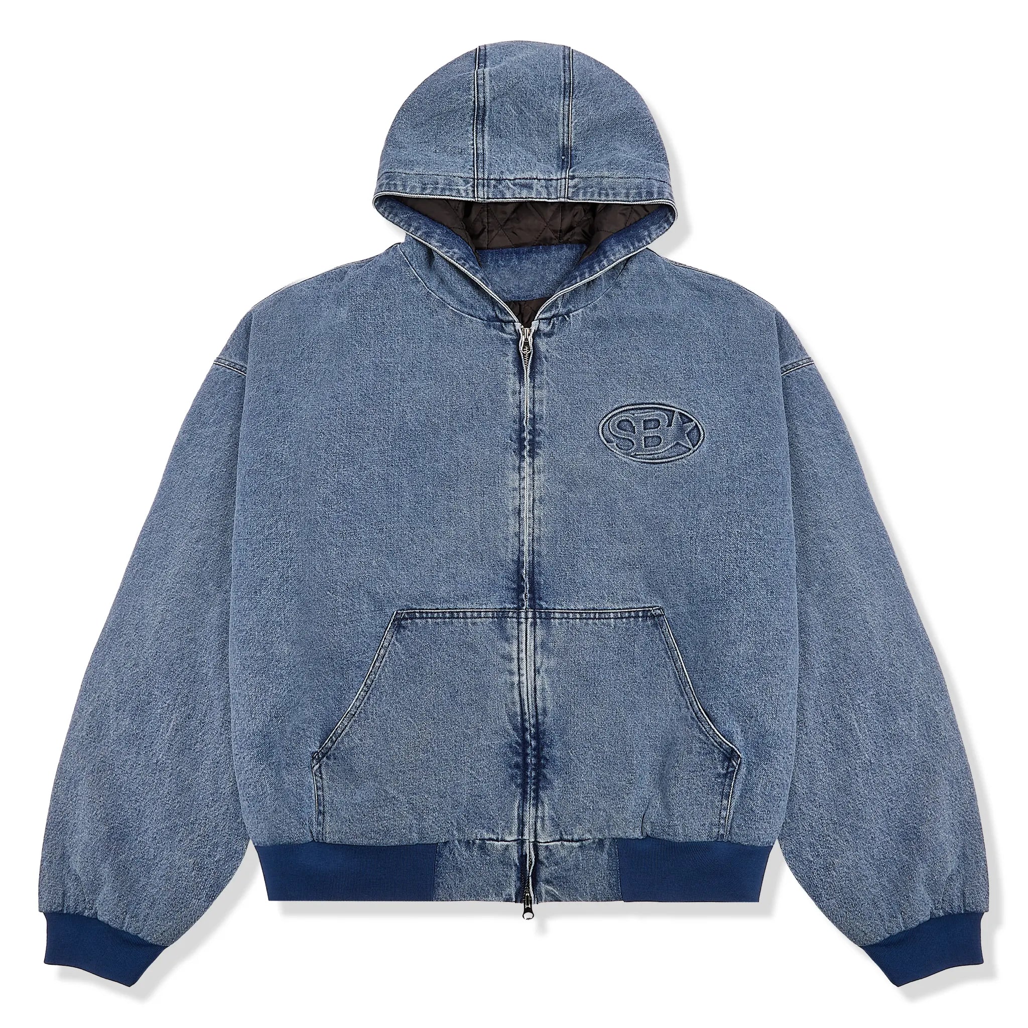 Front View of Samuel Bailey Hooded Denim Blue Jacket 53848817402179